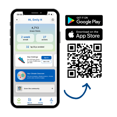 iPhone outline with a screenshot of Notts Green Rewards homepage, a QR code and an app store and google play logo